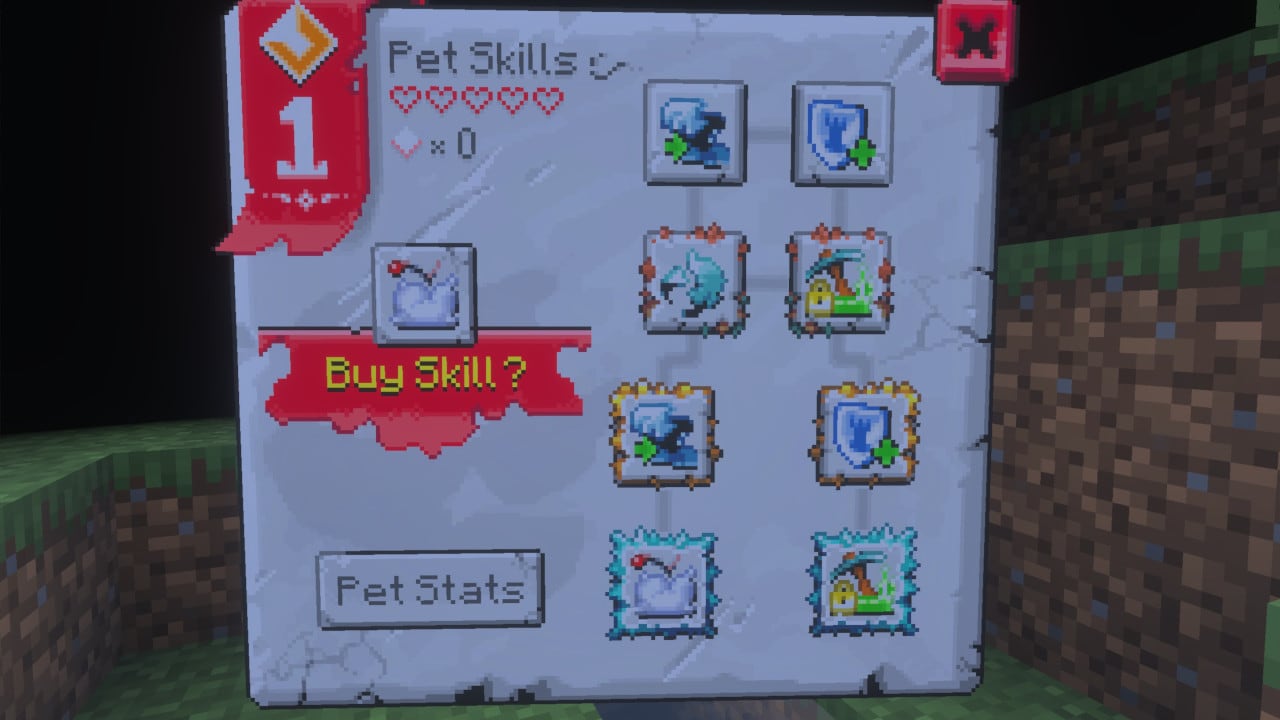 In-game pet skills menu interface showing a grid of selectable abilities, a “Buy Skill?” prompt, and a “Pet Stats” button, displayed against a grassy terrain background.
