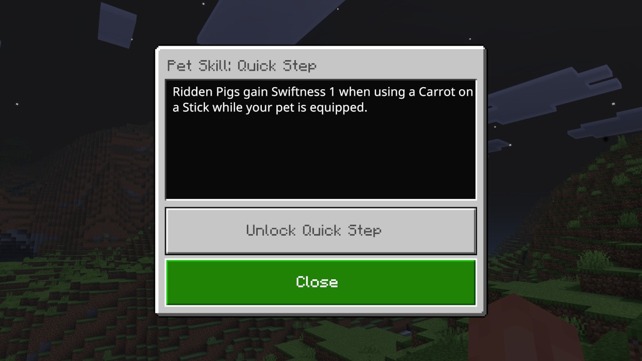 A pop-up UI window describes the “Quick Step” pet skill, explaining that ridden pigs gain Swiftness when using a carrot on a stick; options include “Unlock Quick Step” and “Close.”