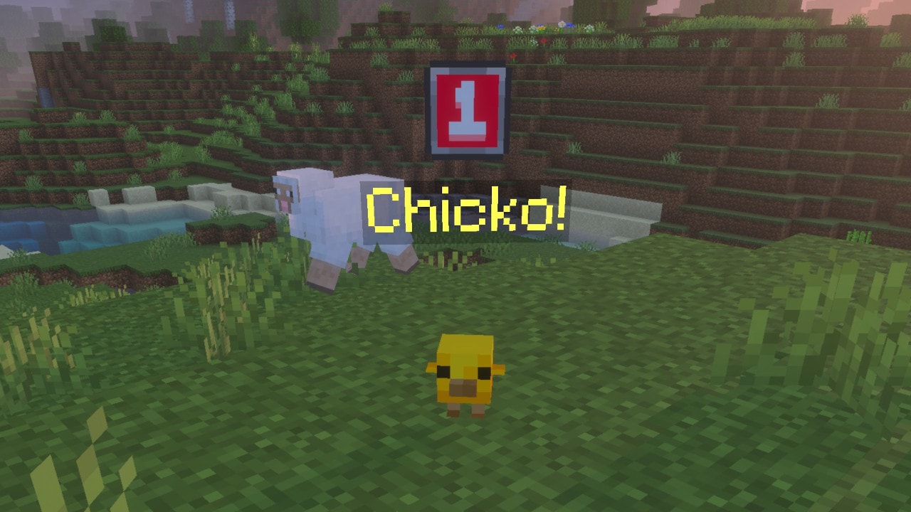 A small yellow chick named “Chicko!” stands on grass near a sheep, with a level indicator above its name in a green overworld setting.