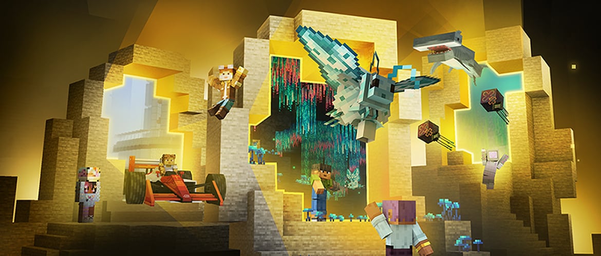 Minecraft characters explore glowing portals displaying worlds, creatures, vehicles, and add-ons, with a dragon flying overhead.