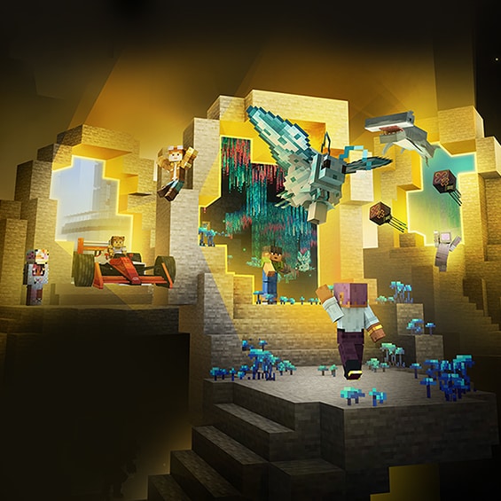Minecraft characters explore glowing portals displaying worlds, creatures, vehicles, and add-ons, with a dragon flying overhead.
