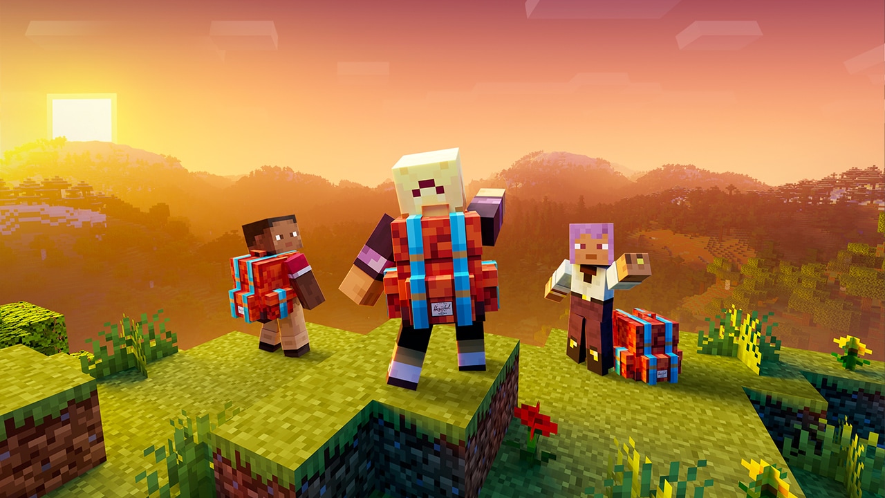 Three Minecraft adventurers wearing and carrying orange-red Herschel backpacks stand together on a grassy hill at sunrise above a vast Minecraft world.