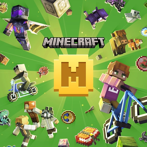 Minecraft Minecoins promotional image featuring characters, creatures, vehicles, and marketplace items surrounding a large Minecoins symbol on a bright green background.