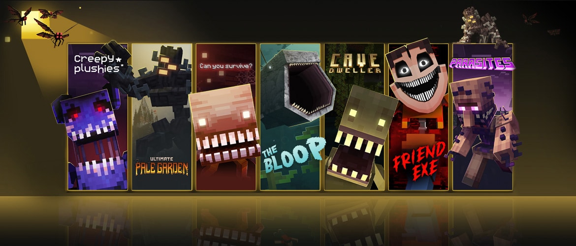 A lineup of seven spooky Minecraft Marketplace adventures features monstrous creatures from Creepy Plushies, Pale Garden, The Bloop, Cave Dweller, Friend EXE, and Parasites.
