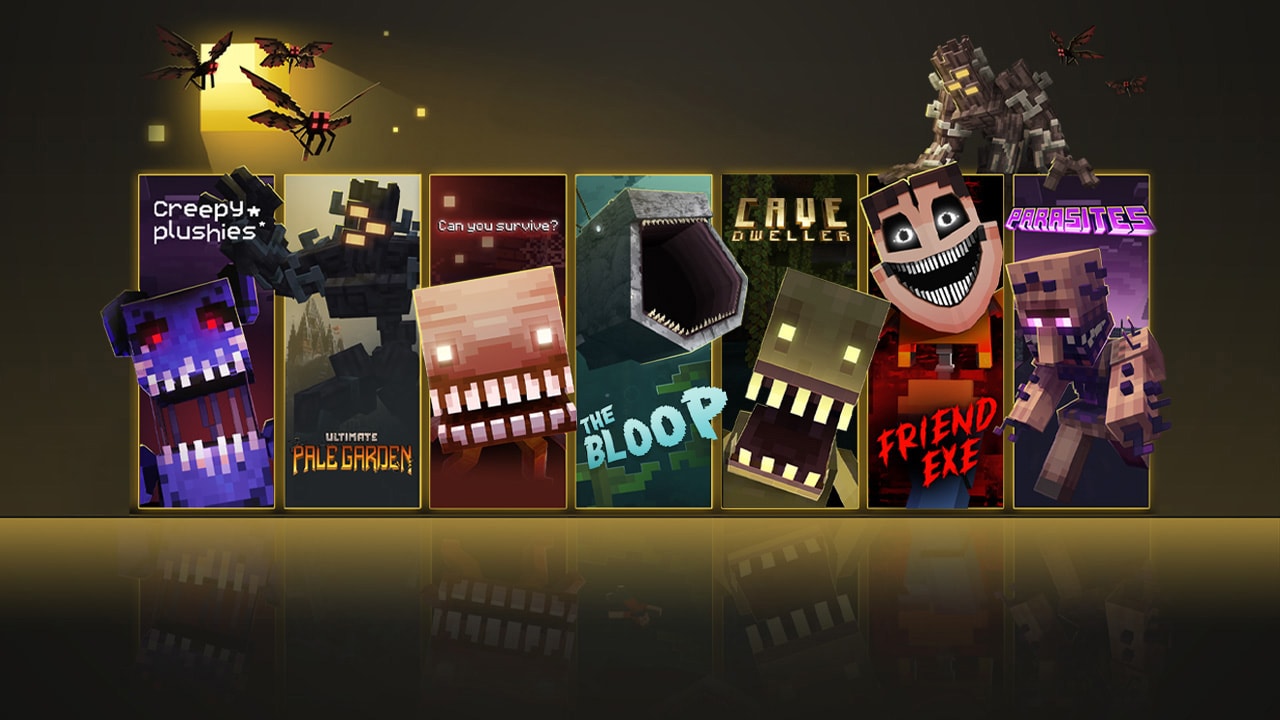 A lineup of seven spooky Minecraft Marketplace adventures features monstrous creatures from Creepy Plushies, Pale Garden, The Bloop, Cave Dweller, Friend EXE, and Parasites.