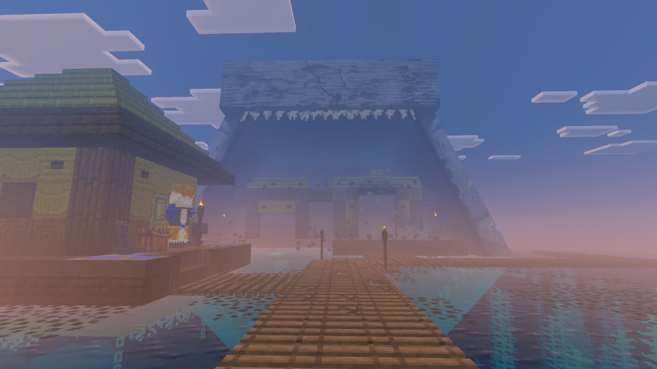 A foggy Minecraft ocean village sits beneath an enormous open-jawed sea creature looming over wooden walkways.