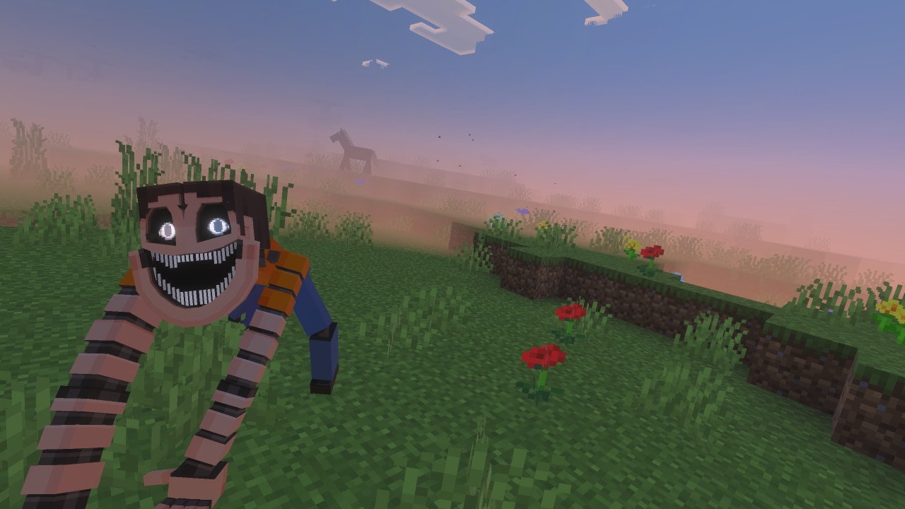 A grinning humanoid creature with glowing eyes crawls across a grassy Minecraft landscape beneath a hazy sky.