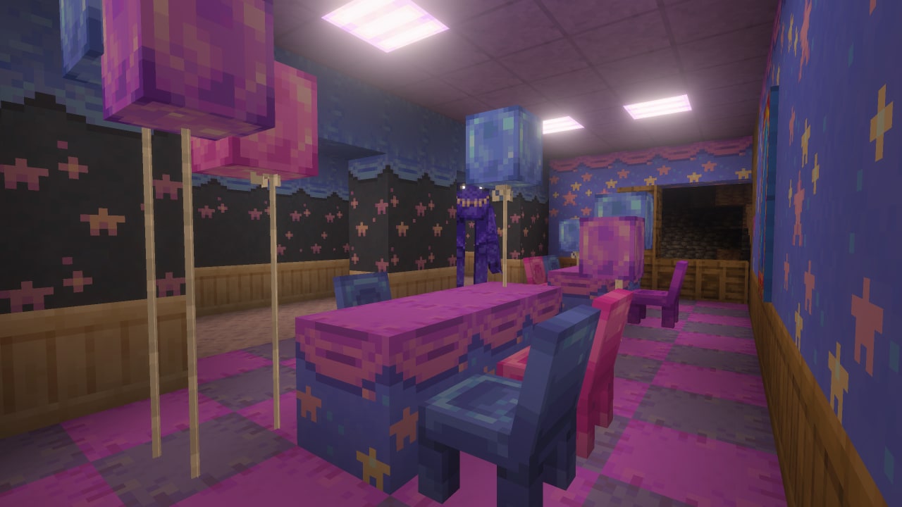 A purple creature stands inside a brightly colored room filled with tables, chairs, balloons, and patterned walls.