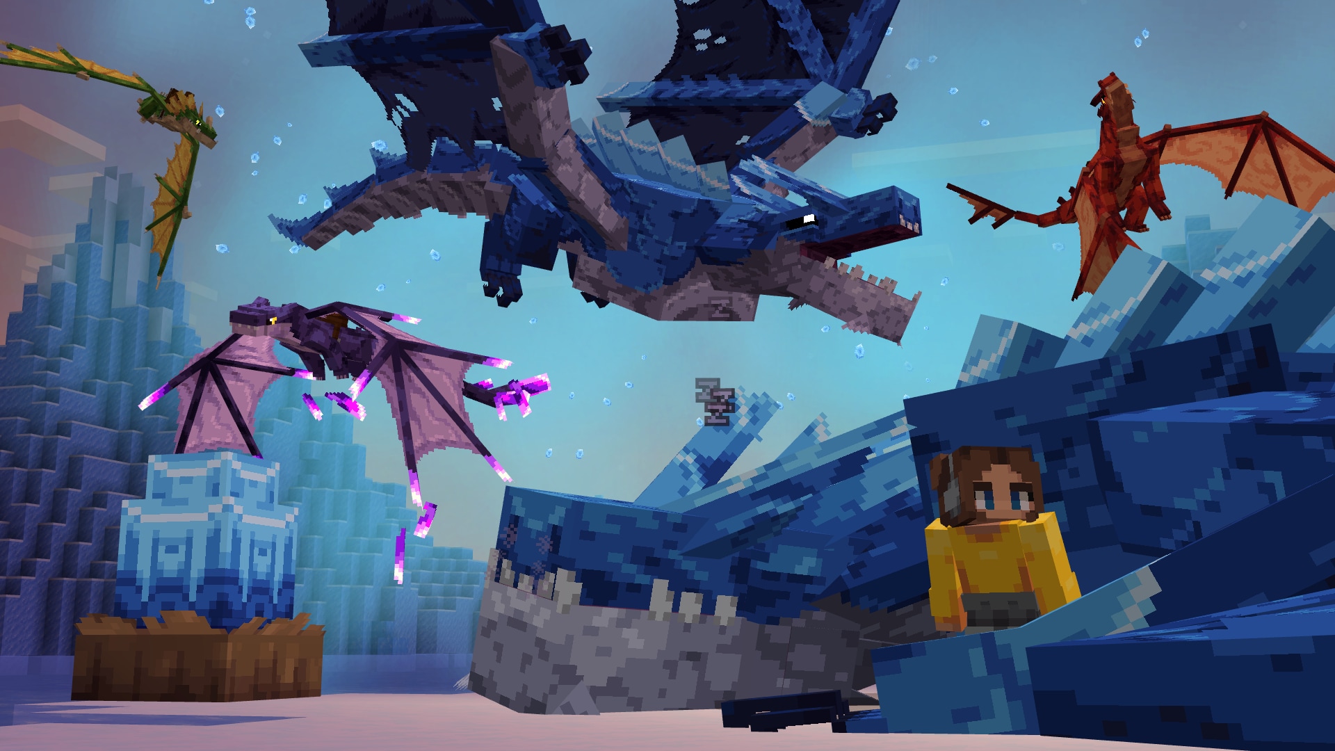 A player next to a blue dragon among glowing crystals, with additional dragons soaring in the background.