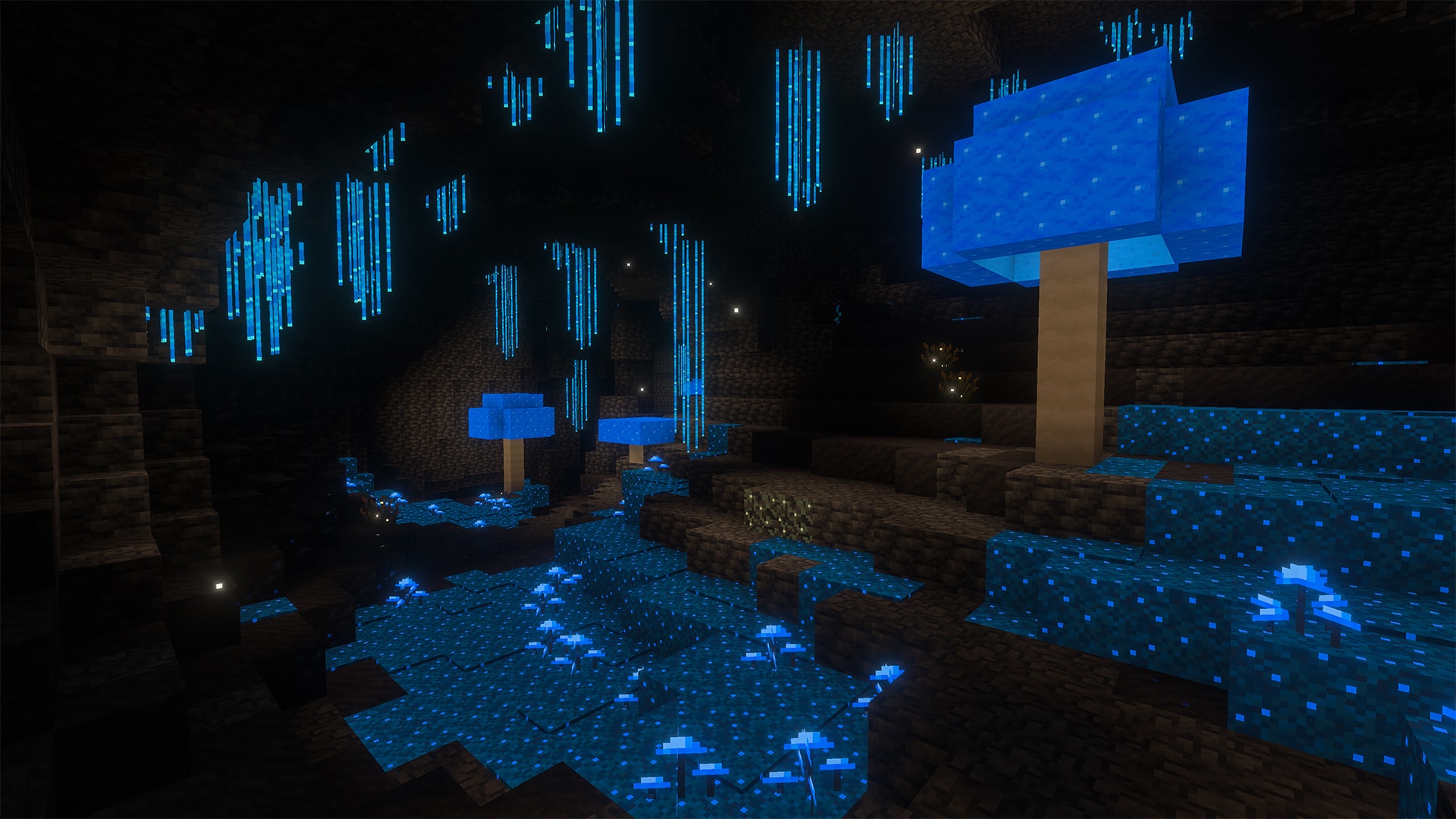 A Minecraft screenshot depicting a dark blue biome.