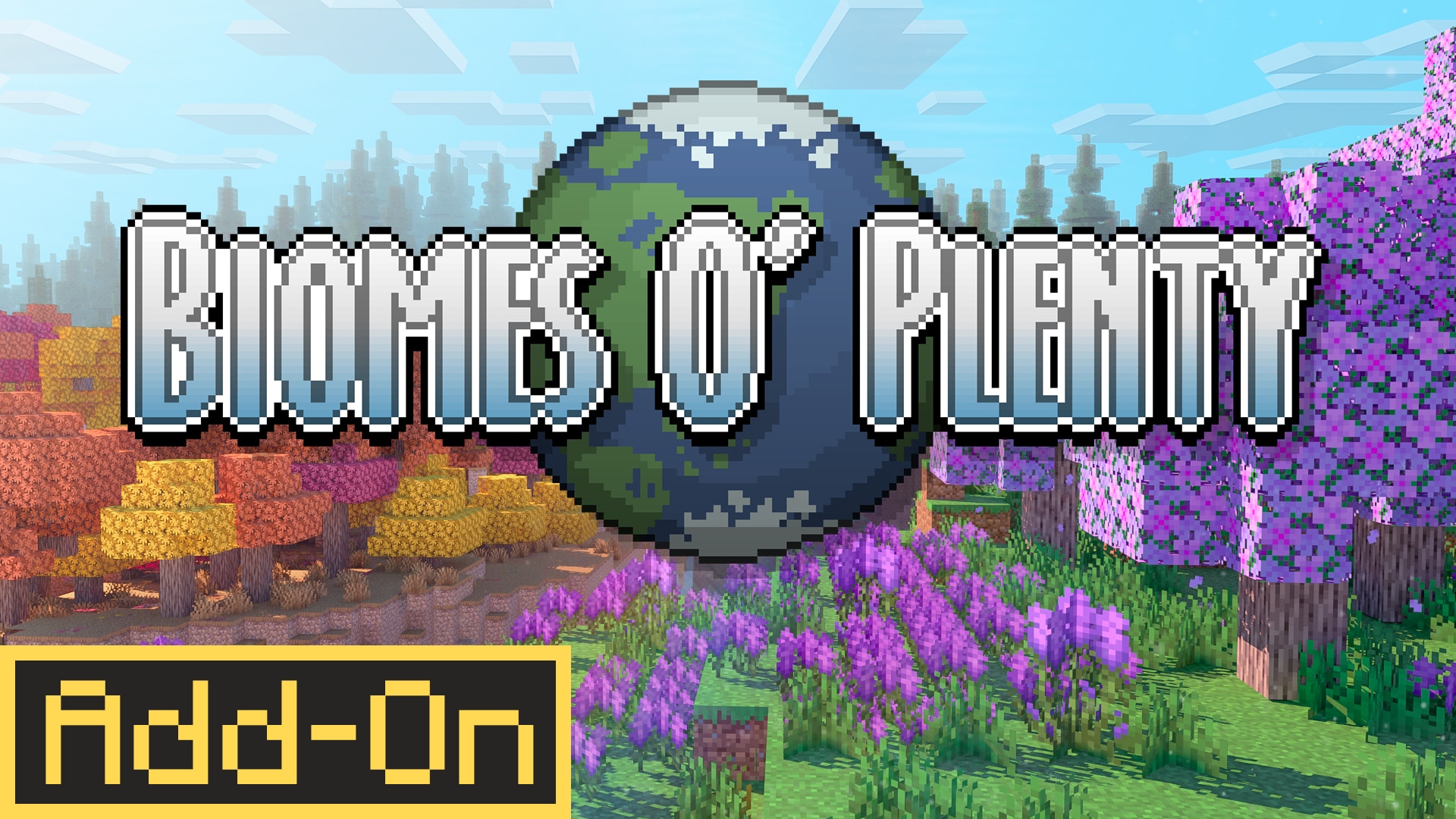 Colorful biome landscape with forests and flowers, with a logotype on top depicting planet Earth.