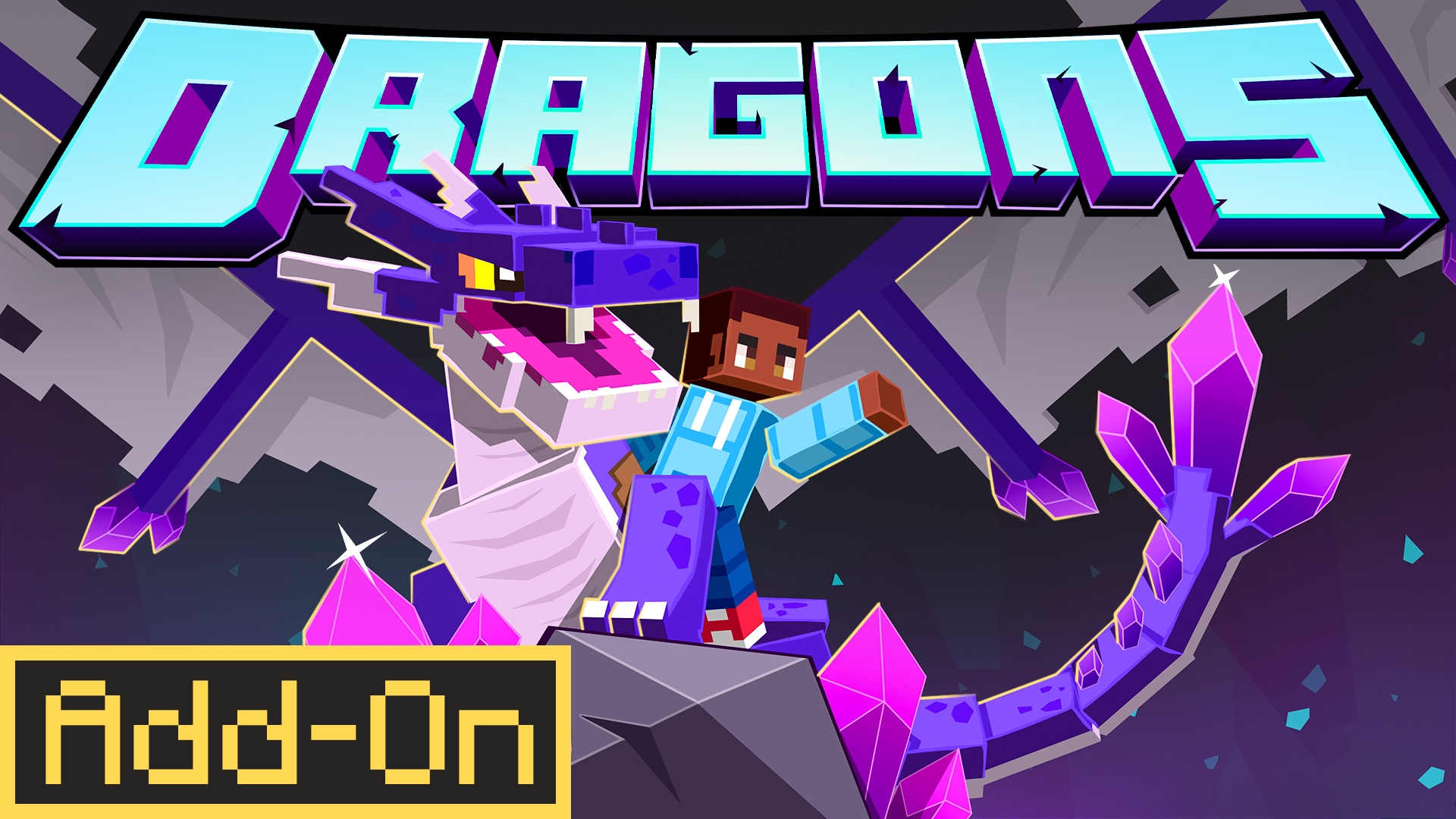 Player rides purple dragon among glowing crystals.