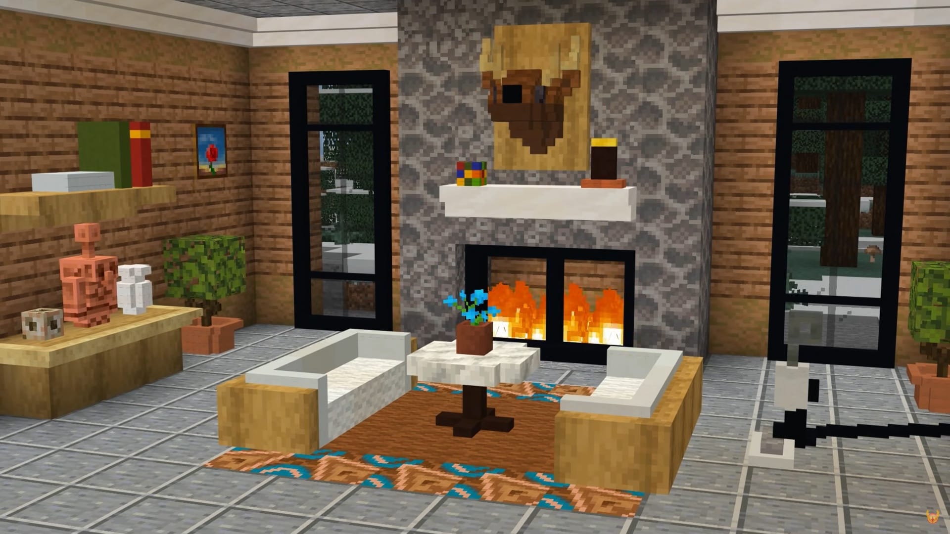 A Minecraft screenshot depicting a cozy living room with fireplace and modern decor