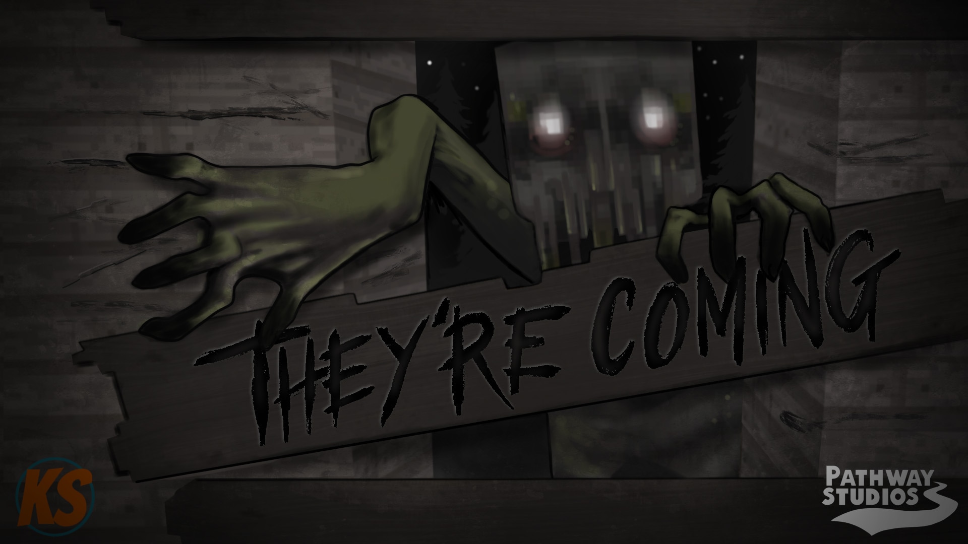Creepy figure emerging with glowing eyes and eerie text.