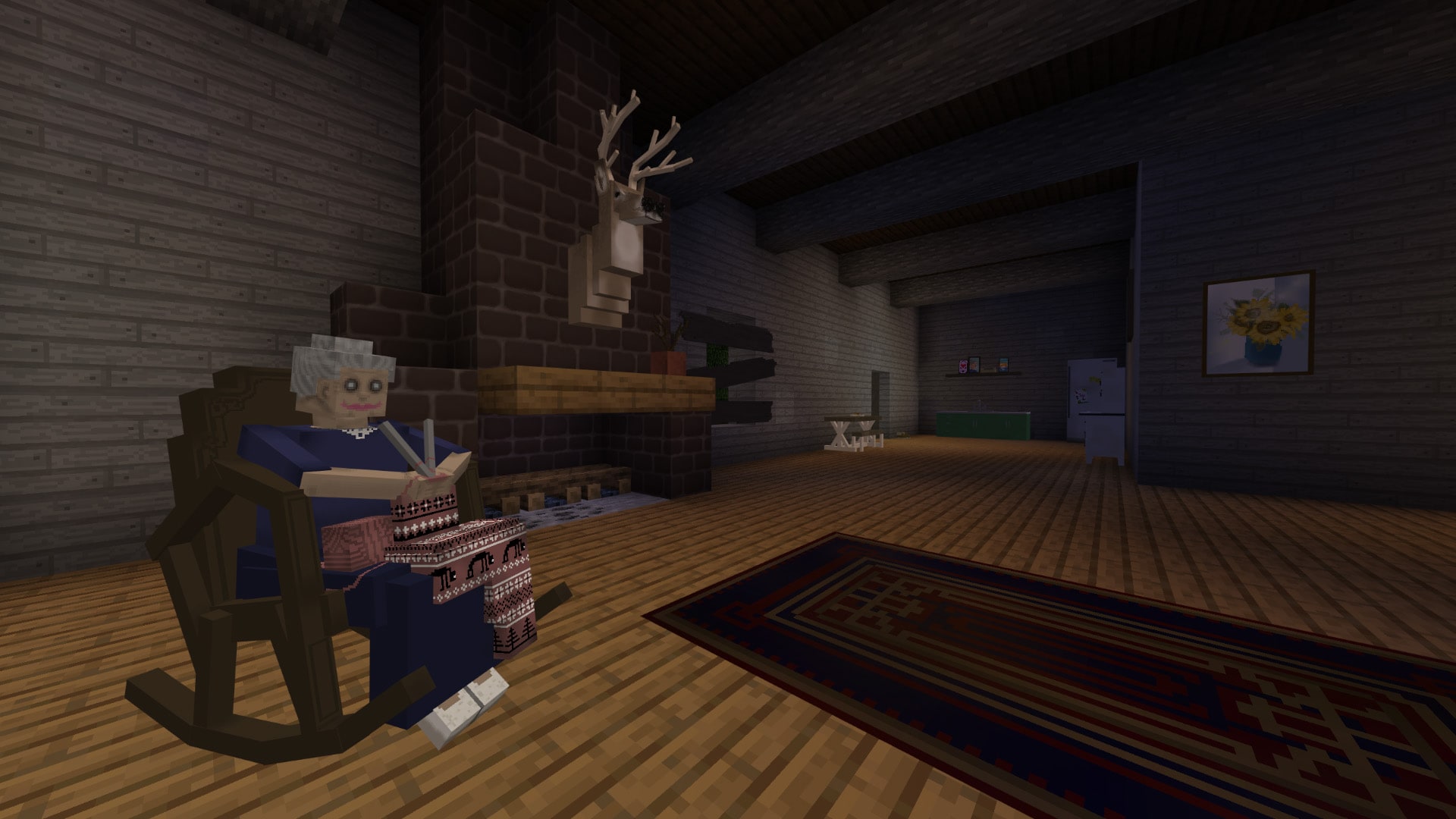 Dim cabin with rocking chair and eerie figure by fireplace