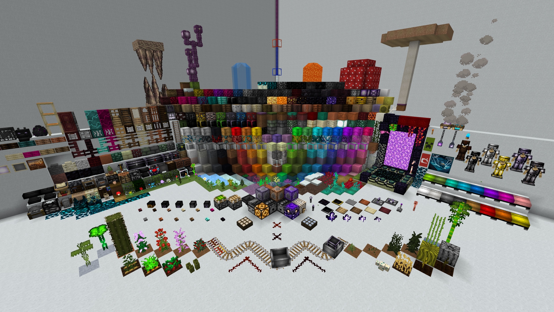 Large display of colorful blocks, items, and Minecraft add-ons