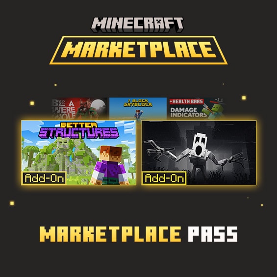The Minecraft marketplace logo, alongside key art of five Marketplace DLCs, and the text 'Marketplace Pass'