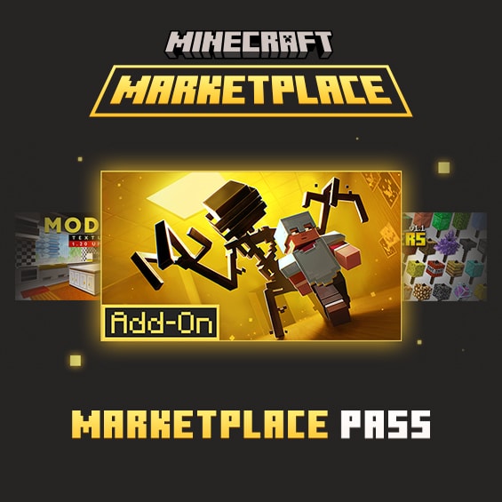 Minecraft Marketplace Pass graphic highlighting an add-on content card between two featured Marketplace items.