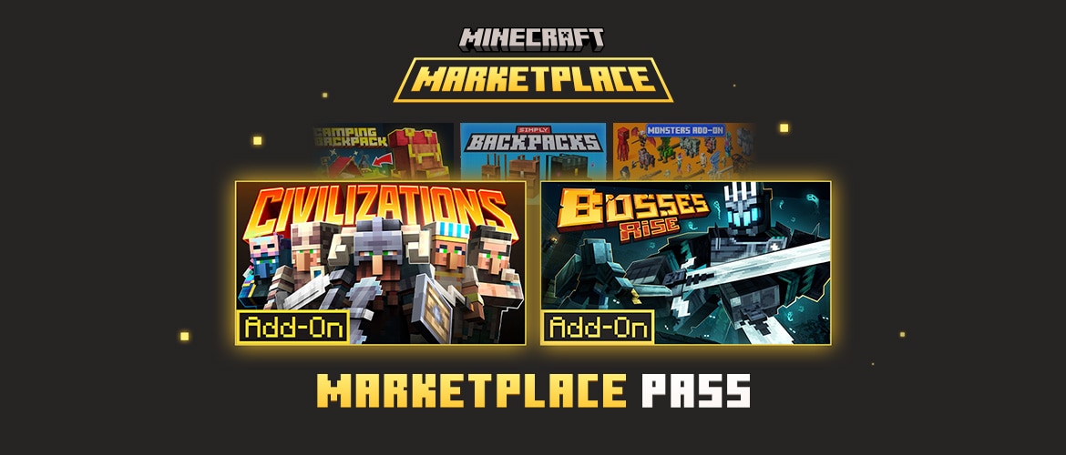 Minecraft Marketplace Pass graphic featuring the Civilizations and Bosses Rise add-ons, with three additional add-ons displayed behind.