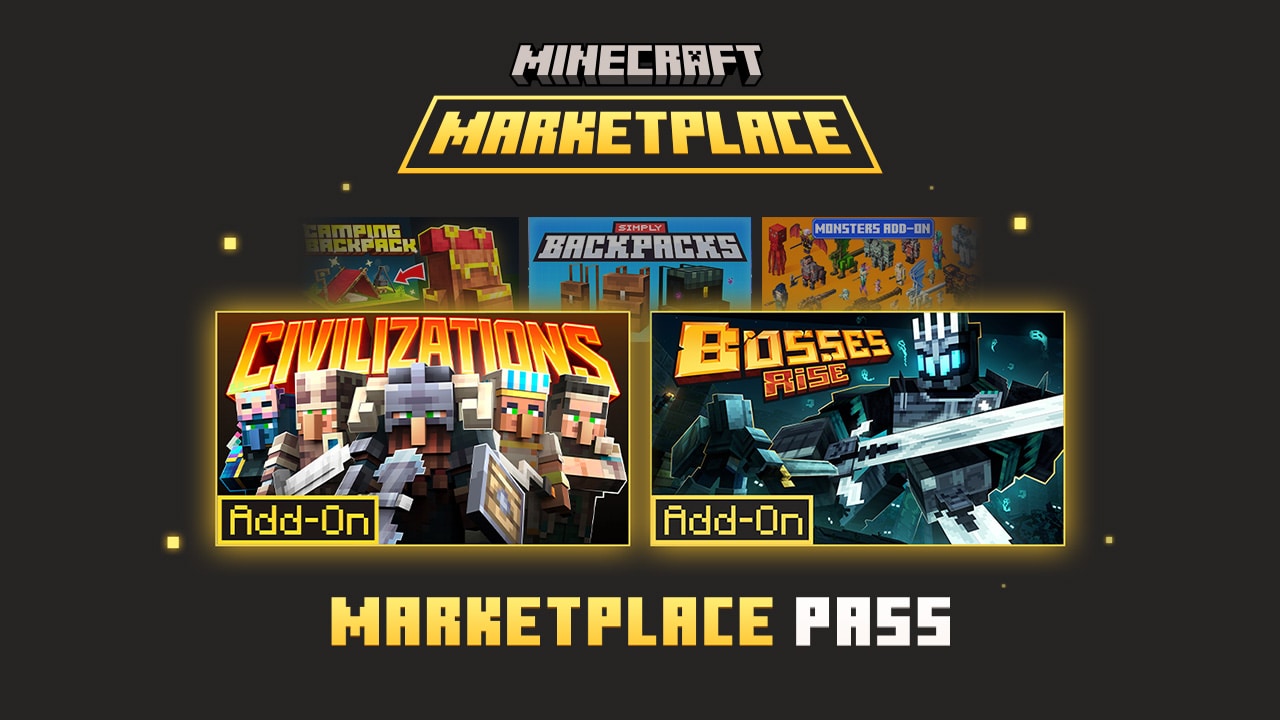 Minecraft Marketplace Pass graphic showcasing Civilizations and Bosses Rise, with Camping Backpack, Simply Backpacks, and Monsters behind.
