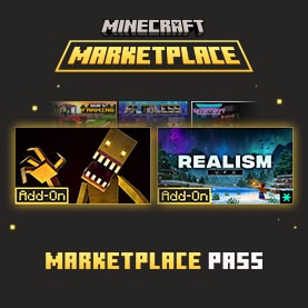 Minecraft Marketplace Pass banner highlighting two add-ons: a Cave Dweller creature on the left and Realism VFX winter scene on the right