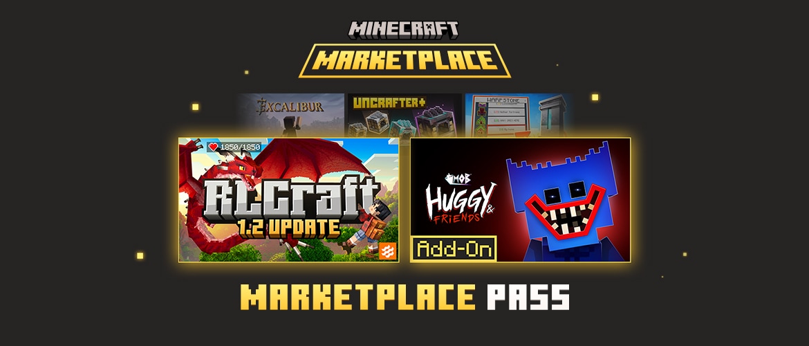 Minecraft Marketplace Pass promotional image highlighting featured content packs including Alcraft 1.2 Update and Huggy & Friends Add-On.