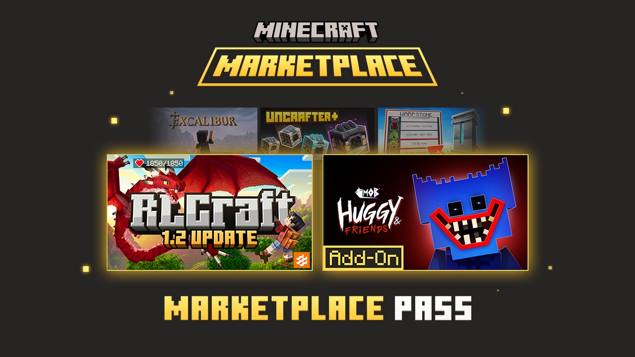 Marketplace Pass promotional art featuring images of several DLC, including Huggy and Friends and RLCraft