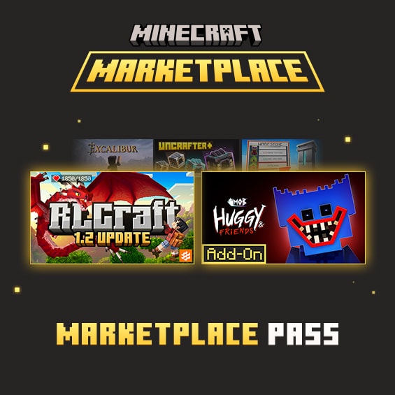 Minecraft Marketplace Pass promotional image highlighting featured content packs including Alcraft 1.2 Update and Huggy & Friends Add-On.