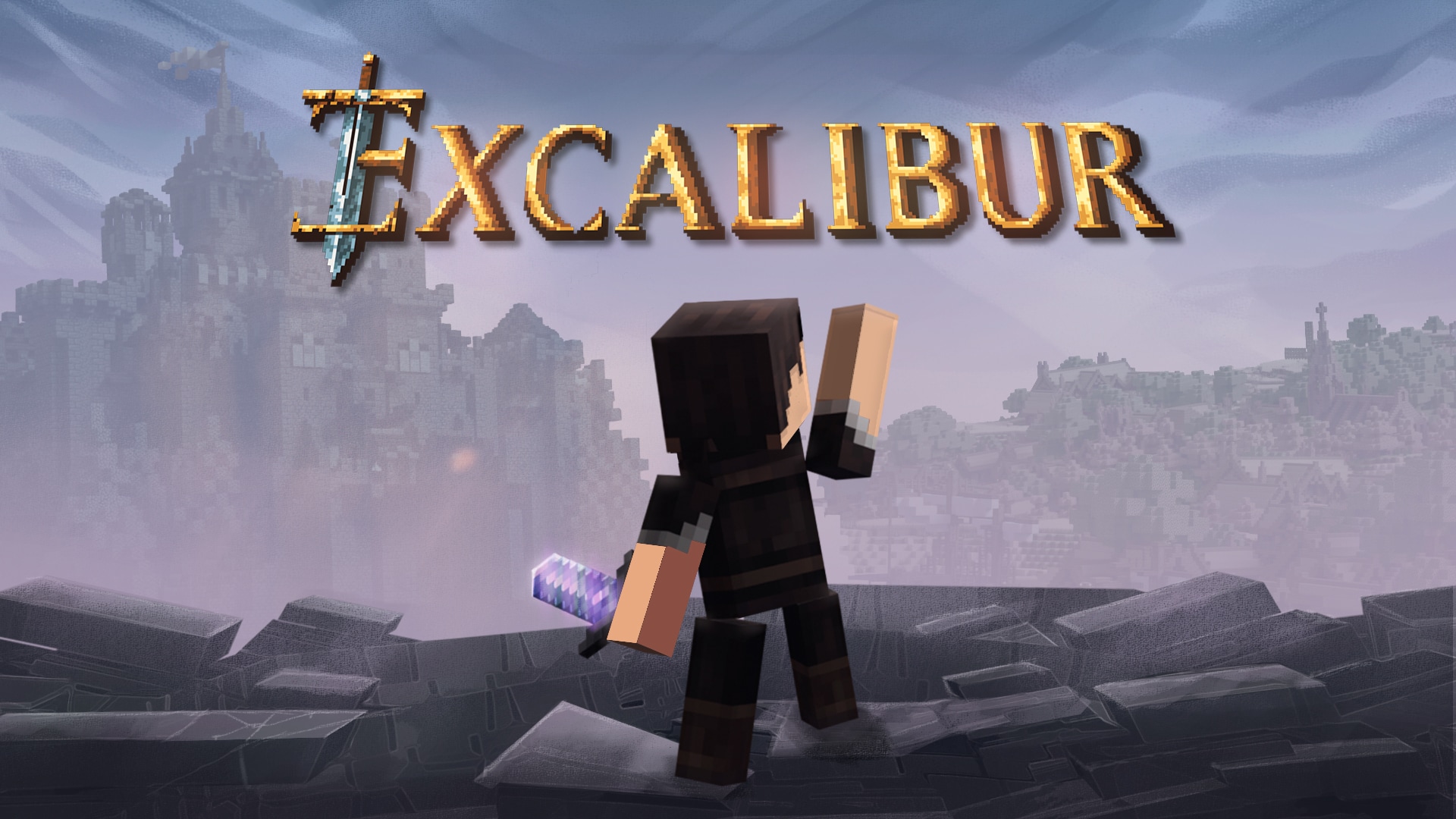 Minecraft Excalibur promotional artwork showing a player with a glowing sword overlooking a vast medieval kingdom from a stone battlement.