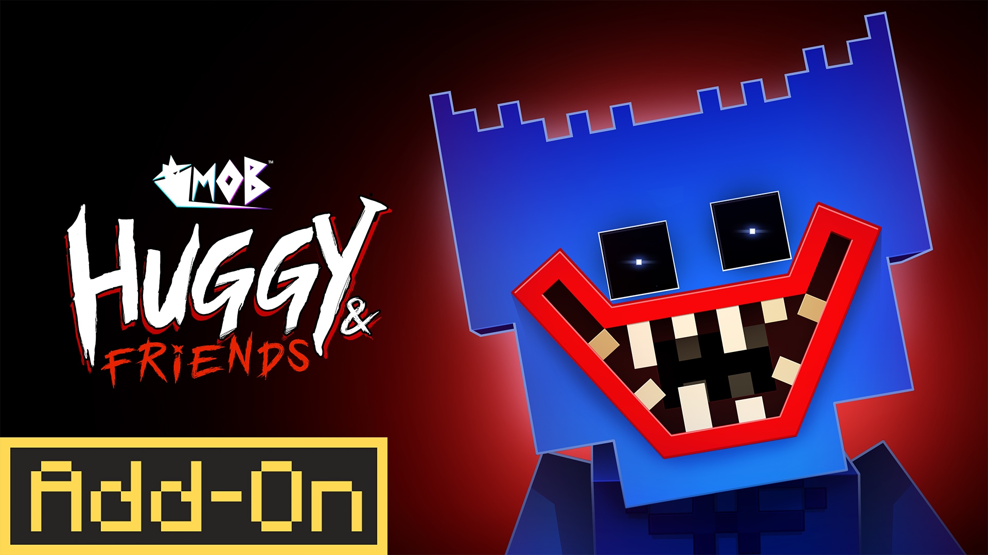 Minecraft Marketplace artwork for the Huggy & Friends Add-On featuring a large blue creature against a red background.