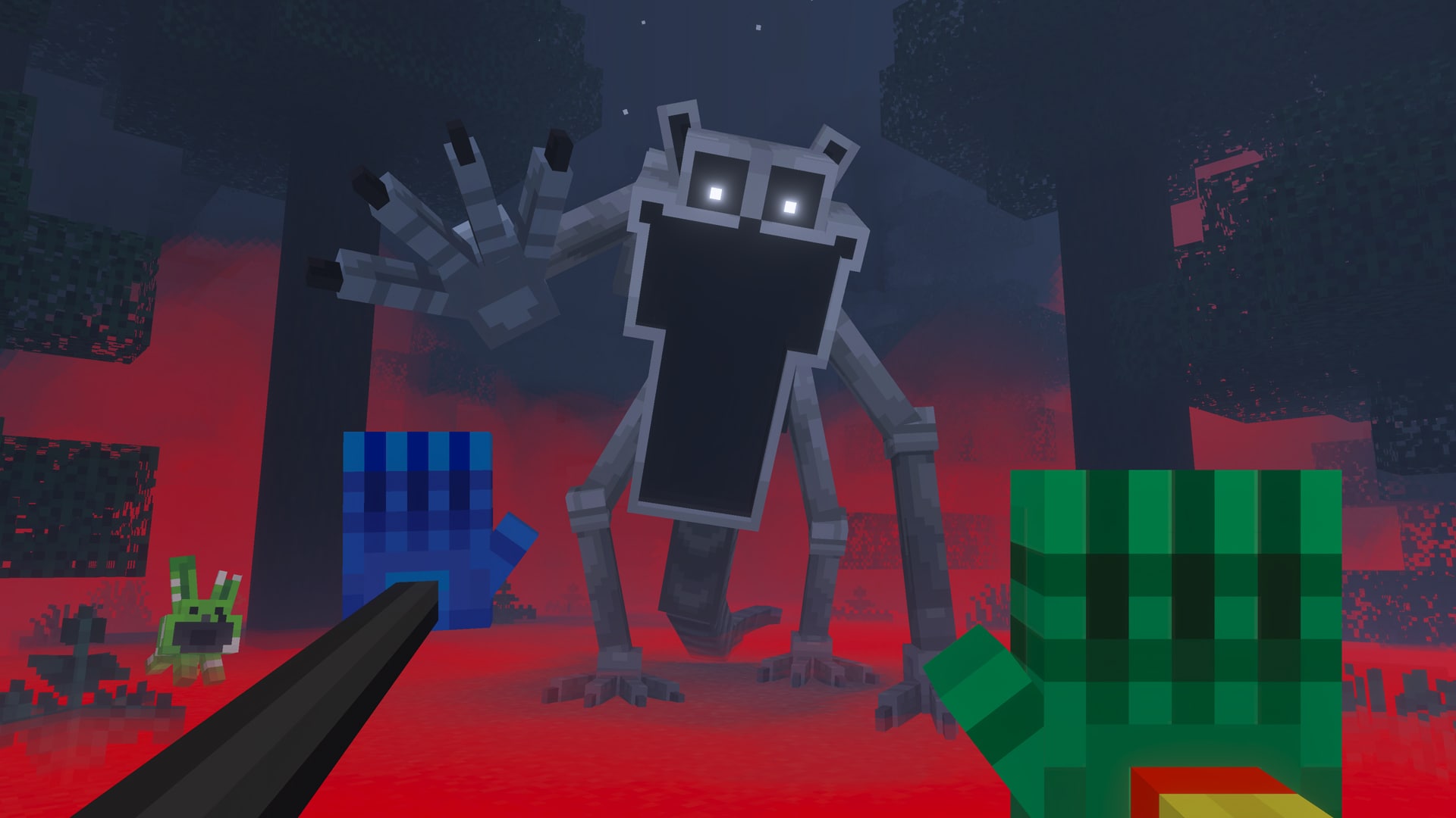 First-person Minecraft scene showing players facing a towering monster in a dark forest illuminated by a red glow.