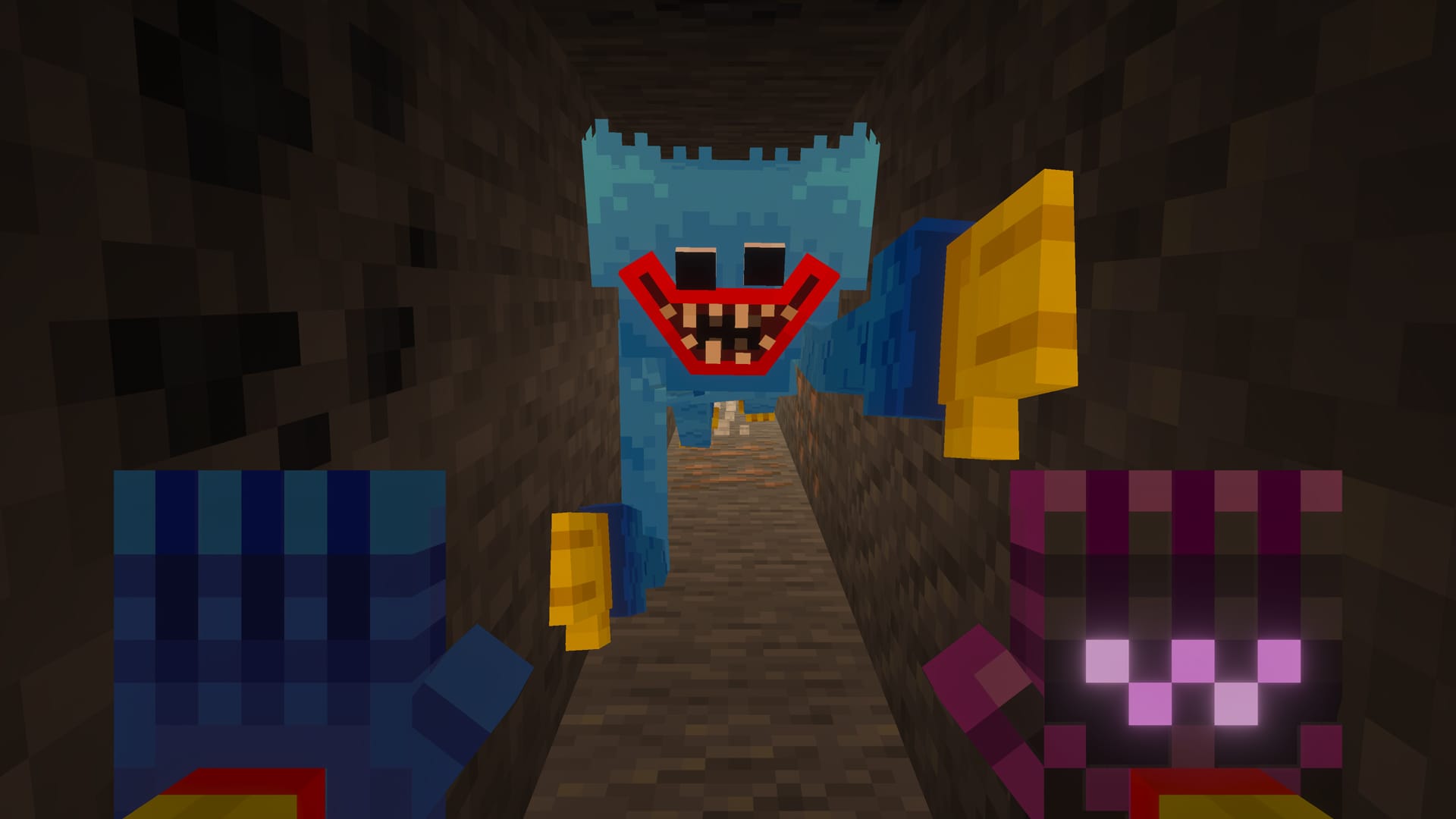 First-person Minecraft view of a blue monster advancing through a narrow tunnel toward the player.