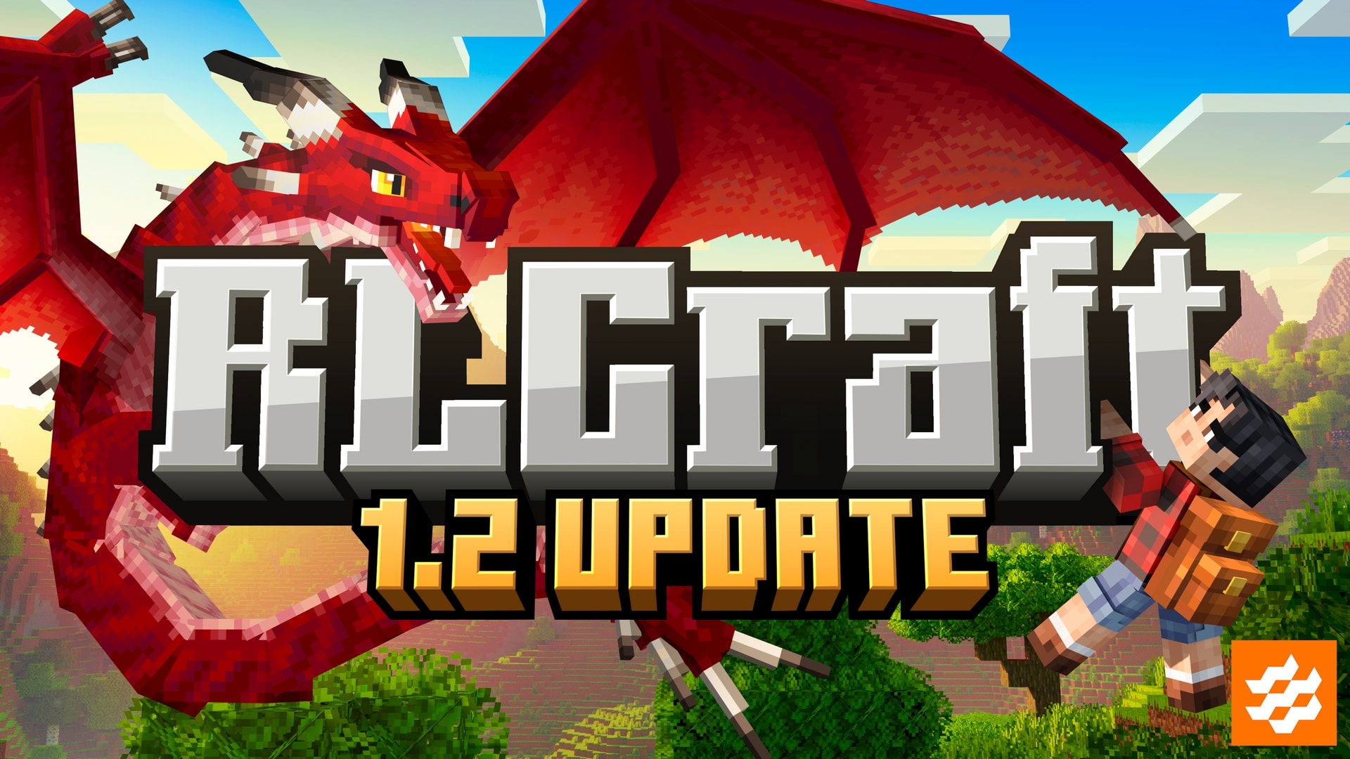 Minecraft RLCraft promotional artwork featuring a giant red dragon pursuing a player across a mountainous landscape.