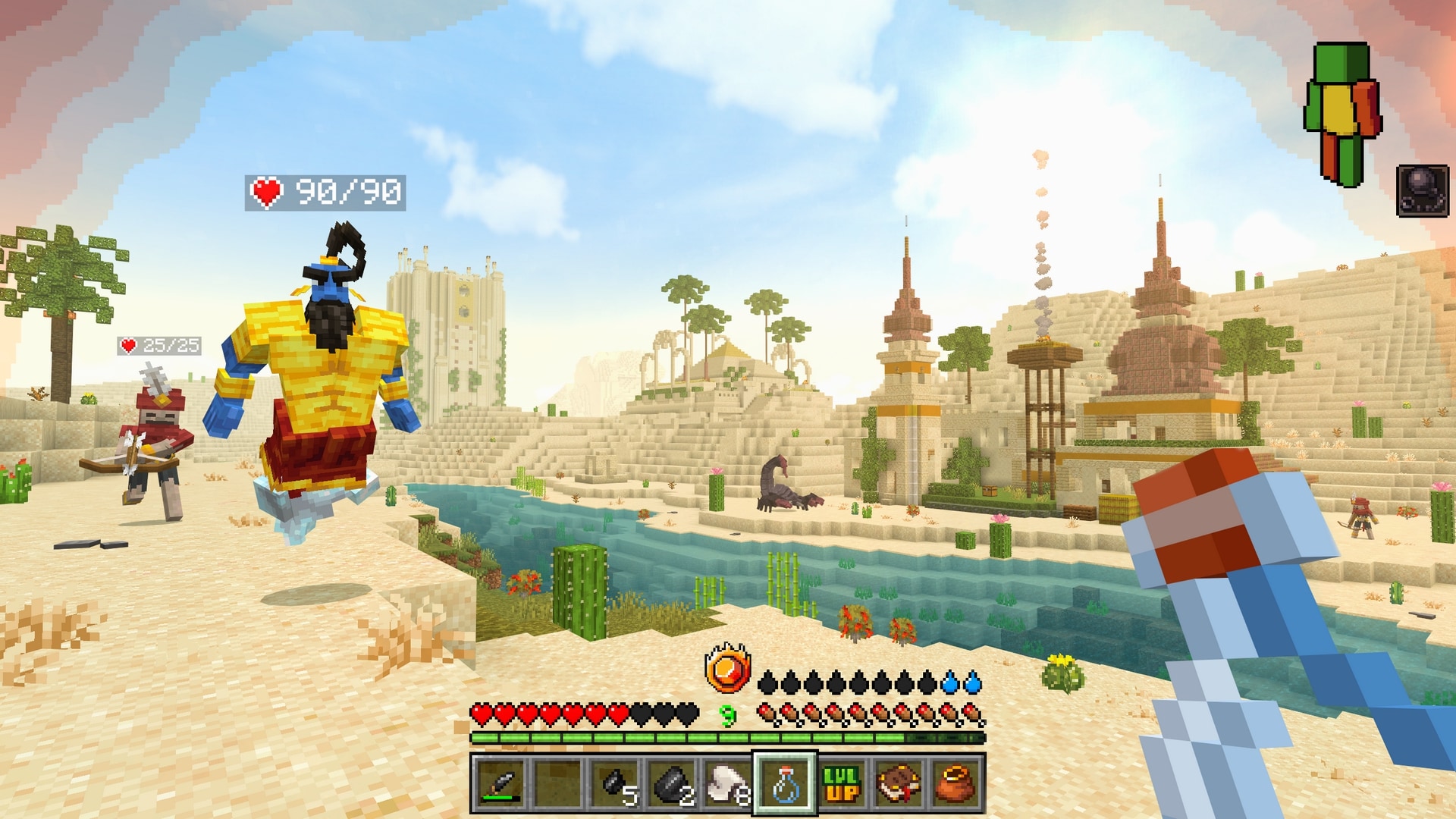 First-person Minecraft view of a desert settlement with fantasy creatures, health indicators, and survival game interface elements.
