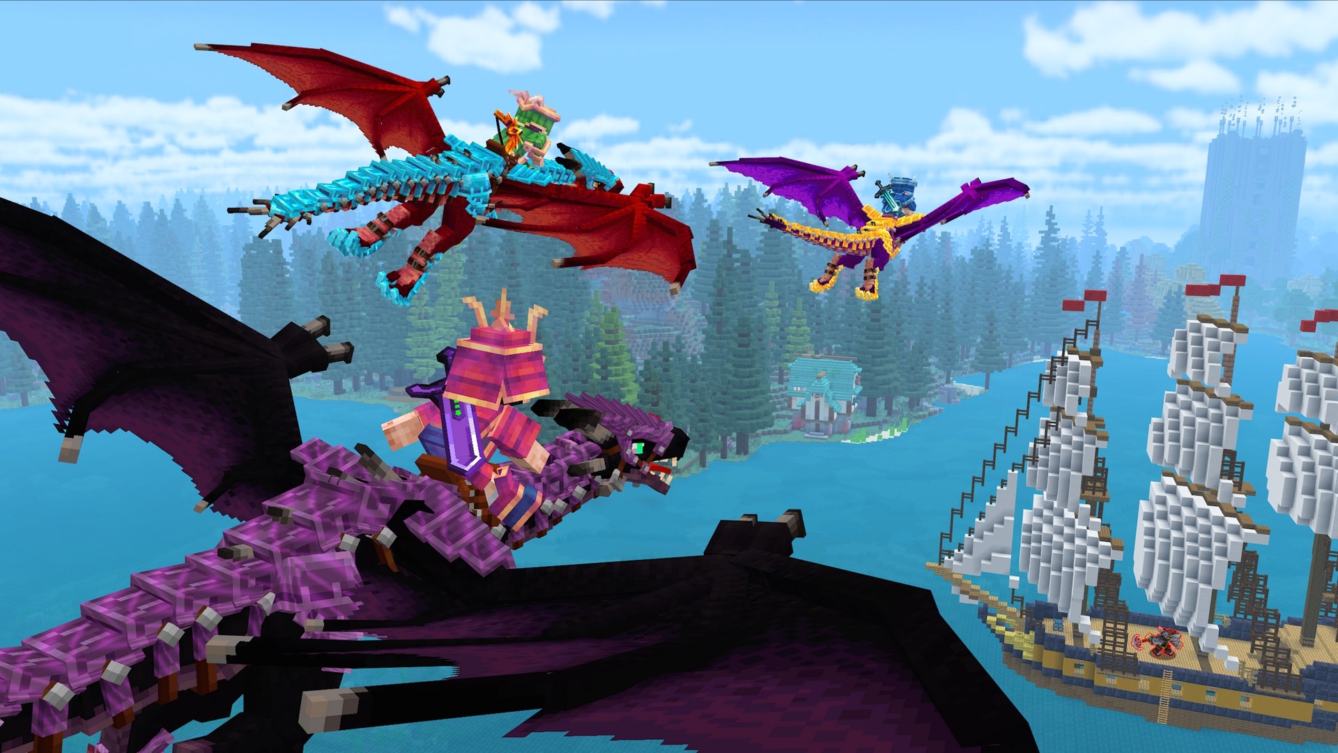 Minecraft players ride colorful dragons above a coastal forest and sailing ships in a fantasy adventure setting.