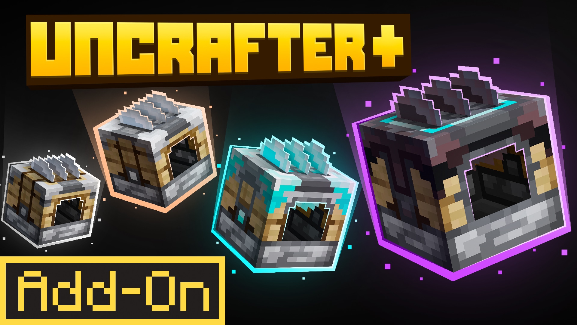 Minecraft Uncrafter+ promotional image showcasing multiple upgraded uncrafting stations for breaking crafted items into materials.