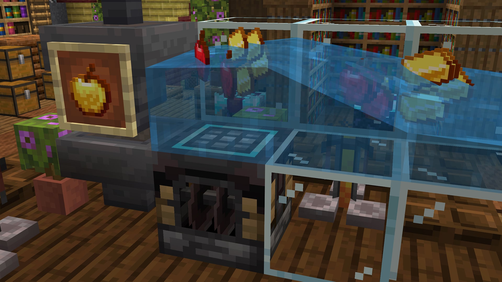Minecraft screenshot showing an uncrafting machine extracting materials from enchanted golden apples inside a workshop.