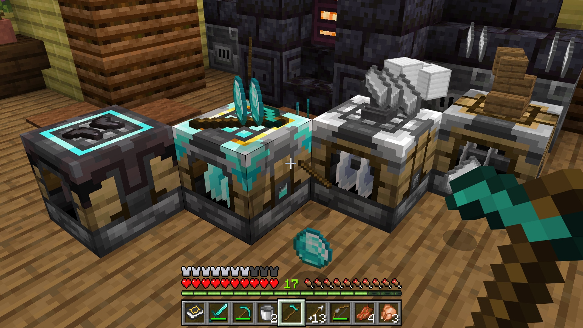 Minecraft workshop featuring advanced uncrafting stations processing diamonds, tools, and crafted materials into components.