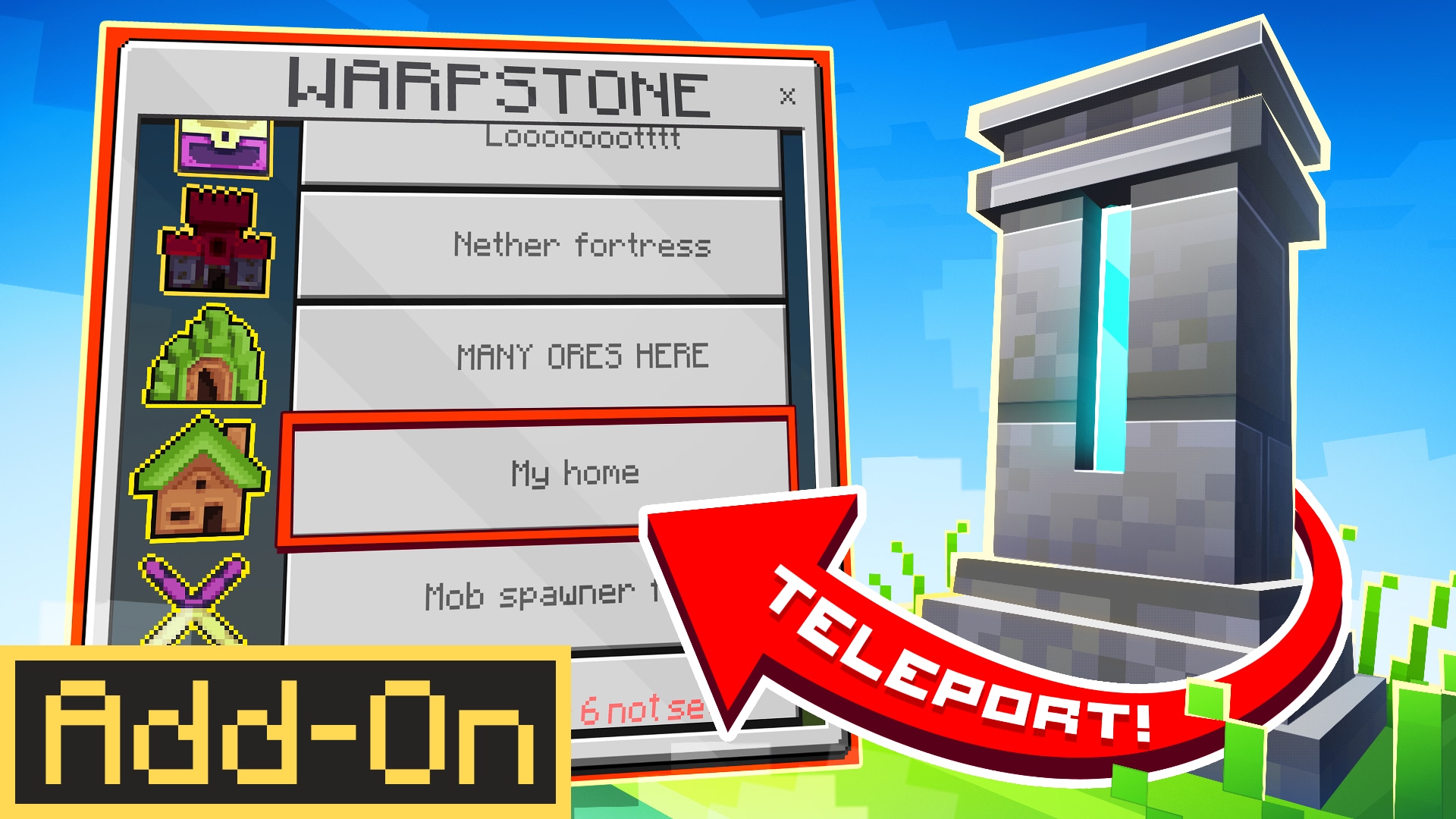 Minecraft add-on promotional image showing a Warpstone teleportation menu beside a futuristic teleportation device.