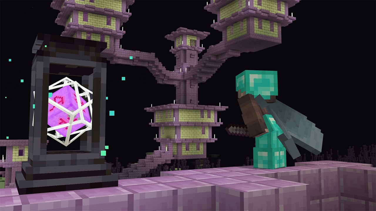 Minecraft player stands beside a glowing Warpstone while exploring a floating End City structure.