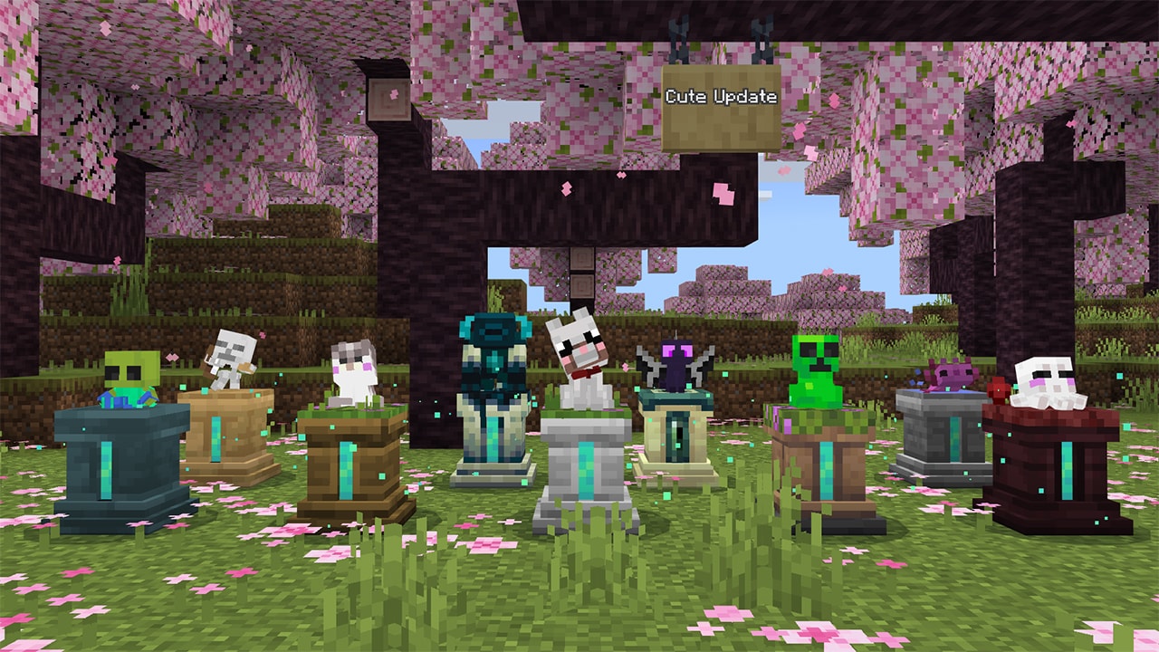 Minecraft screenshot showing decorative Warpstones topped with various mobs and creatures beneath blooming cherry trees.