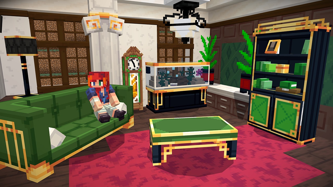 A Minecraft player sitting in a luxurious mansion room featuring elegant furniture, aquarium, grandfather clock, bookshelves, and decorative plants.