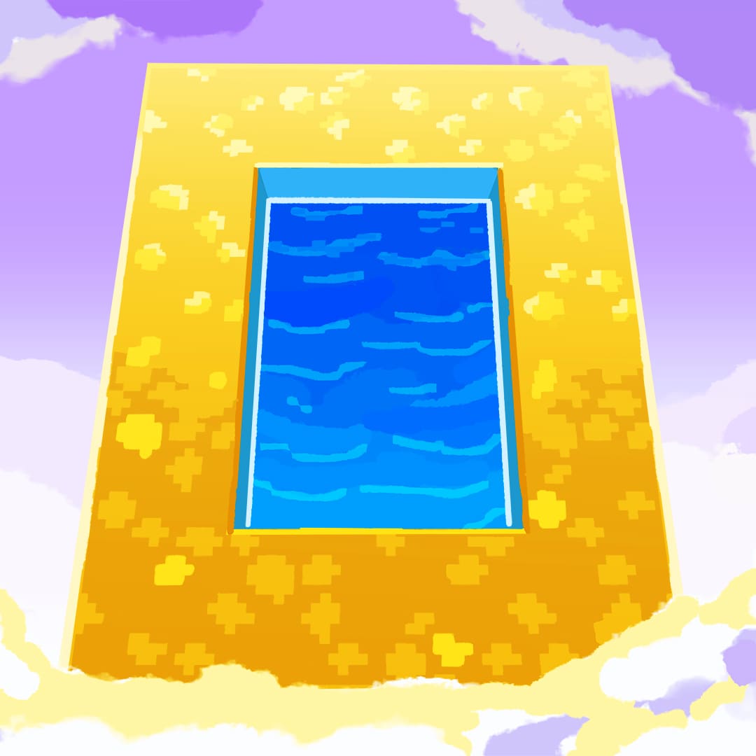 Illustrated golden GlowStone portal floating among purple clouds, with a glowing blue center suggesting a magical gateway in the sky.