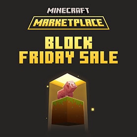 Minecraft Marketplace Block Friday Sale banner featuring a pink pig standing on a glowing grass block under a spotlight with bold yellow text on a dark background