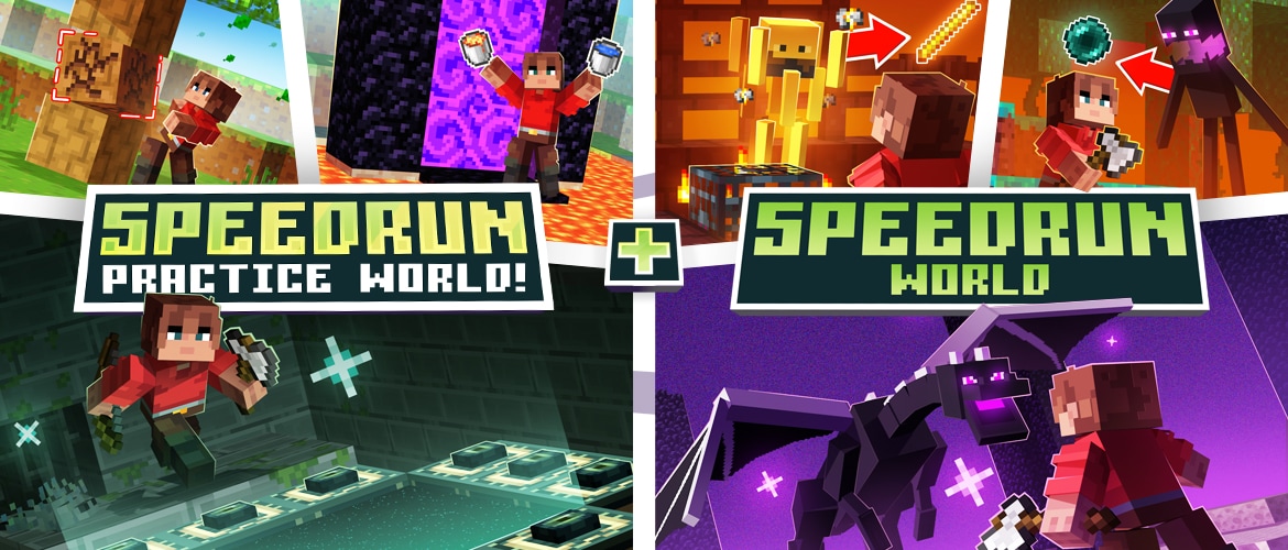 A split image showcasing the two Tubbo worlds, including portals, the Ender Dragon, and more