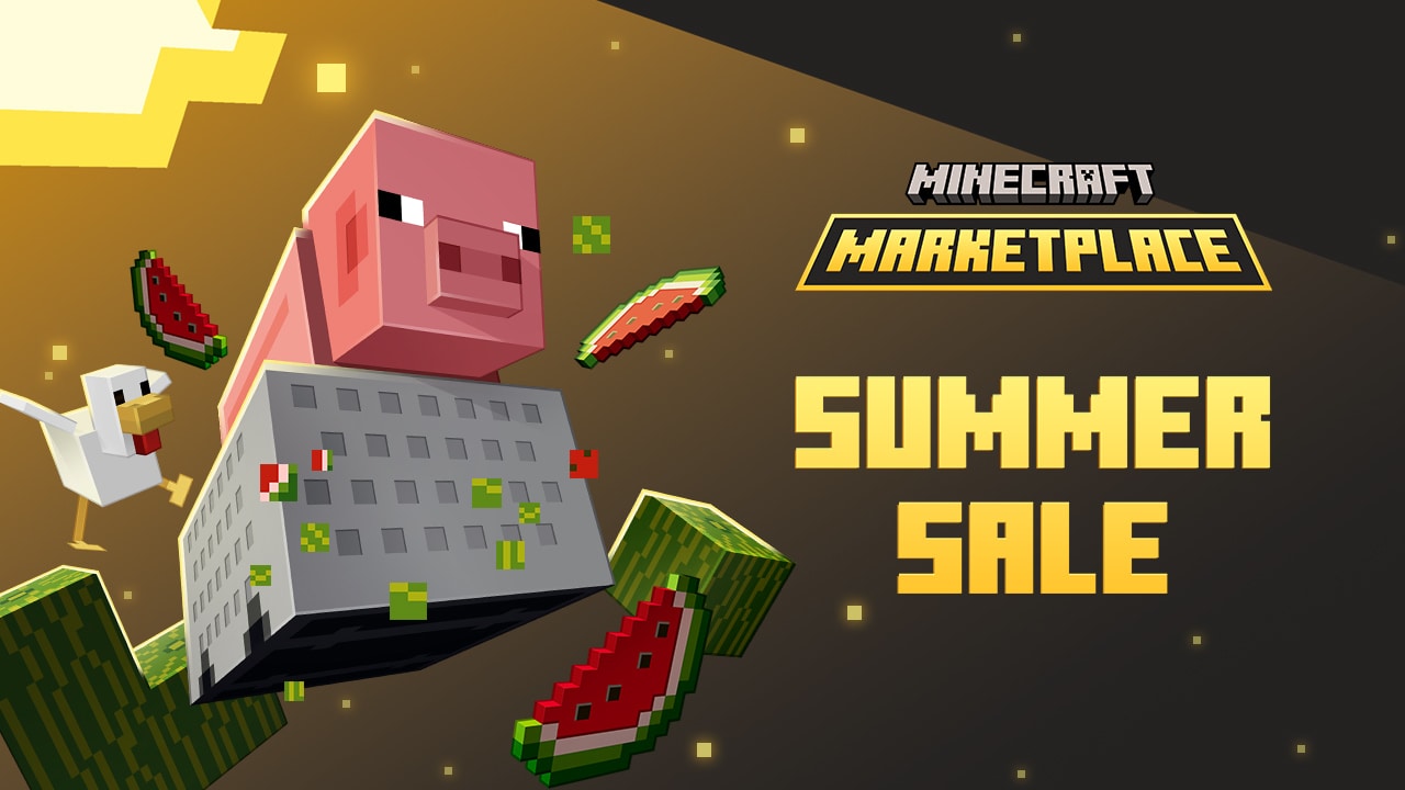 Minecraft Marketplace Summer Sale promotional image featuring a pig riding a shopping cart, a chicken, and floating watermelon slices against a golden background.