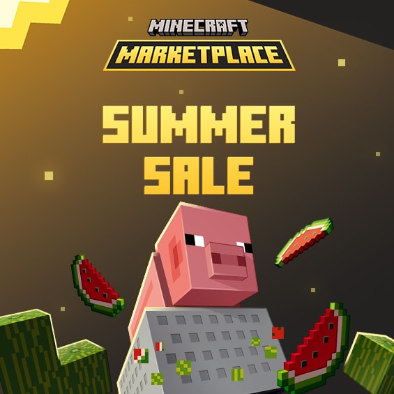 Minecraft Marketplace Summer Sale promotional image featuring a pig riding a shopping cart, a chicken, and floating watermelon slices against a golden background.