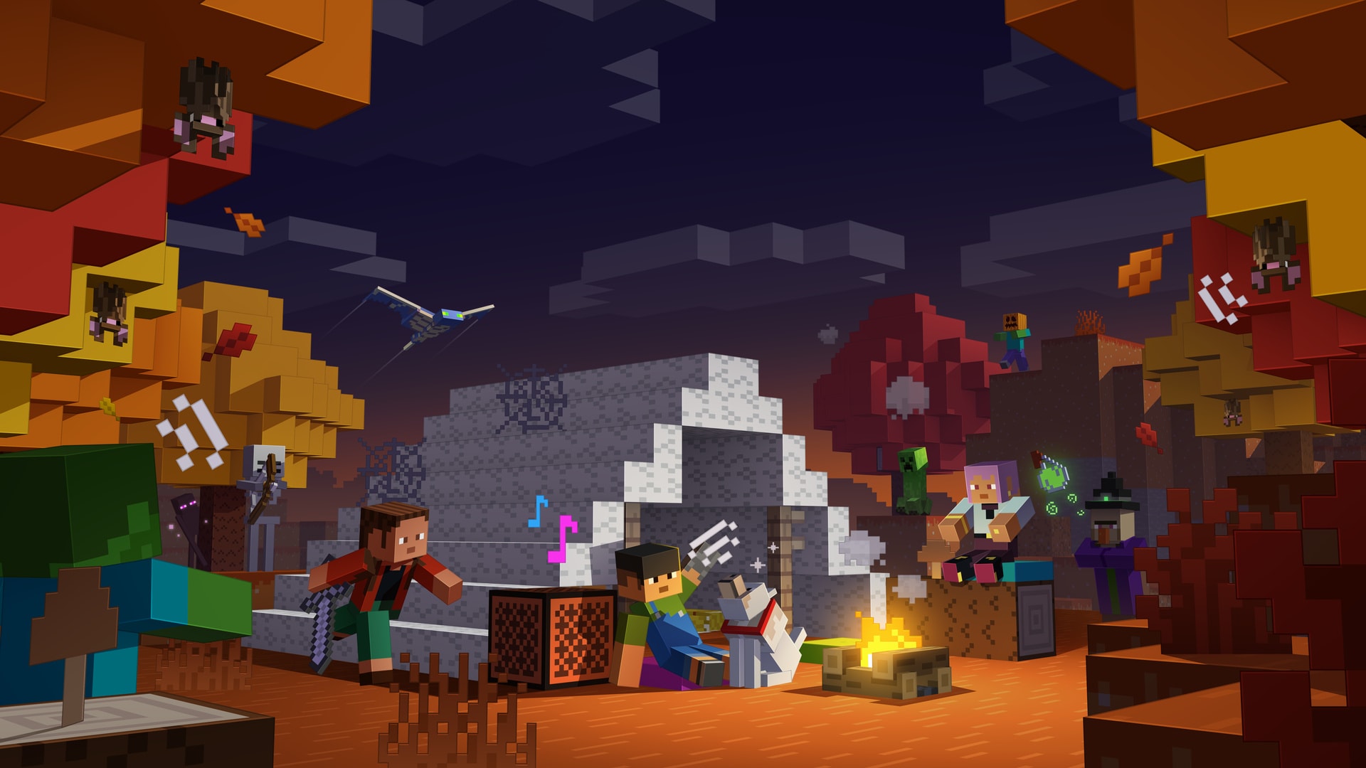 Minecraft players gather around a campfire in an autumn forest at dusk while spooky mobs lurk nearby, for the Wilderness Bound: Haunts & Harvests sound effect pack.