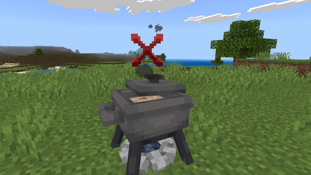 A cooking pot on a campfire shows a red X particle effect above it, indicating a failed or incorrect recipe.