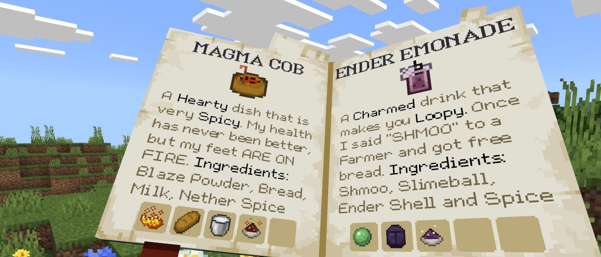 A close-up of a recipe book shows Magma Cob and Ender Lemonade, listing ingredients like blaze powder and slimeball.